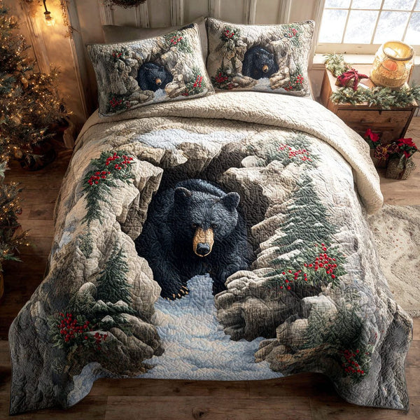 Mountain Guardian quilted 3-piece bedding set on a made bed with two matching pillow shams