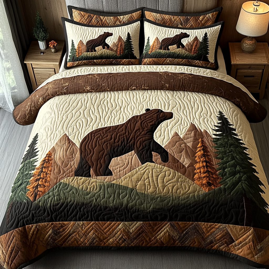 Mountain Guardian quilted 3-piece bedding set on a made bed with two matching pillow shams