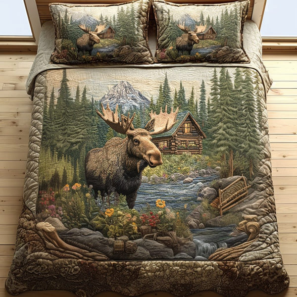 Mountain Hearth quilted 3-piece bedding set on a made bed with two matching pillow shams