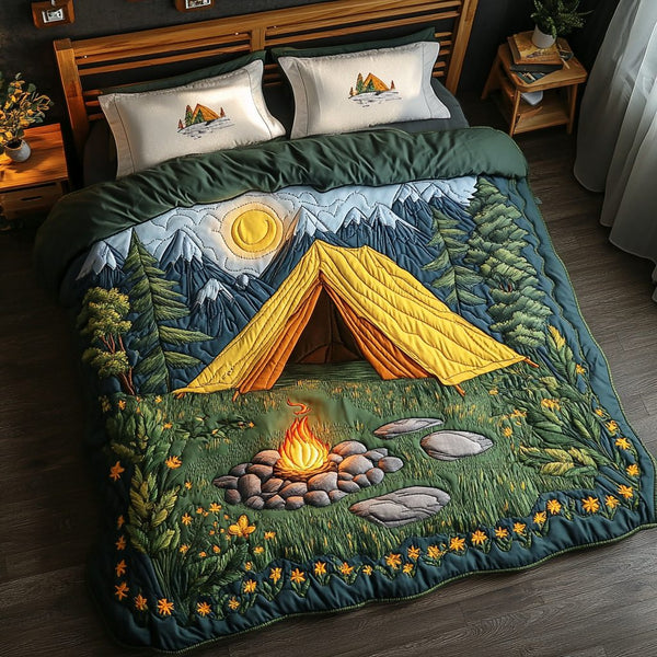 Mountain Hideaway quilted 3-piece bedding set on a made bed with two matching pillow shams