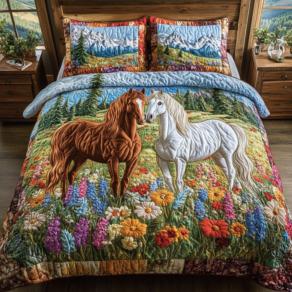 Mountain Horse quilted 3-piece bedding set on a made bed in a rustic timber bedroom