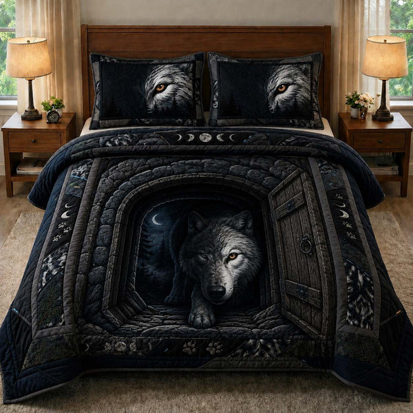 Mountain Howl quilted 3-piece bedding set on a made bed with two matching pillow shams