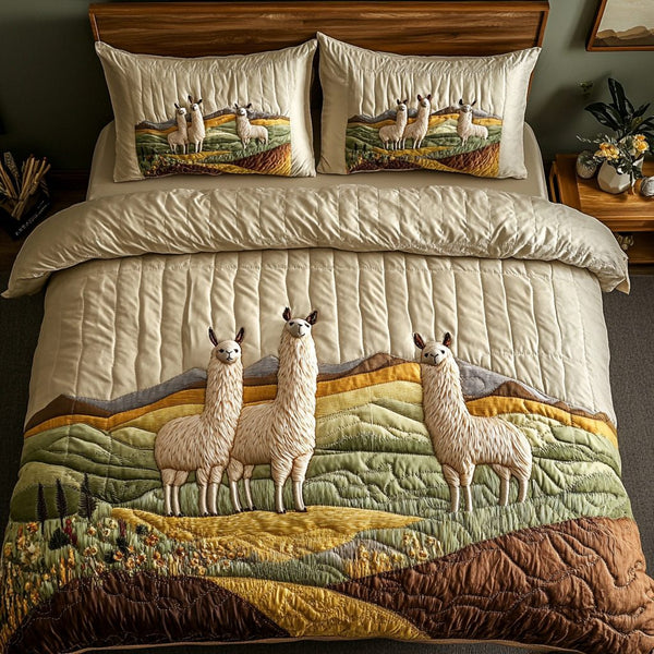 Mountain Hugs quilted 3-piece bedding set on a made bed with two matching pillow shams