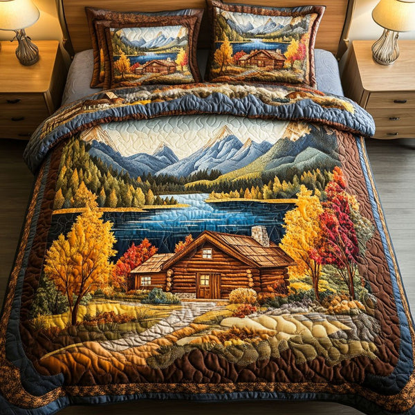 Mountain Lake Autumn quilted 3-piece bedding set on a made bed with two matching pillow shams