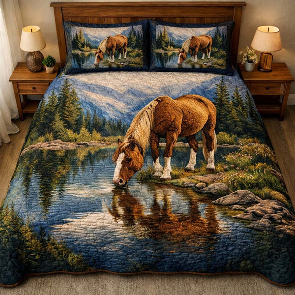 Mountain Lake Horse quilted 3-piece bedding set on a made bed in a rustic timber bedroom