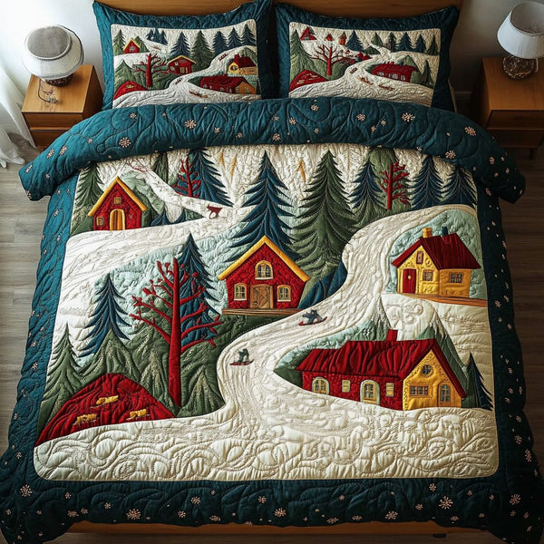 Mountain Lodge Escape quilted 3-piece bedding set on a made bed with two matching pillow shams