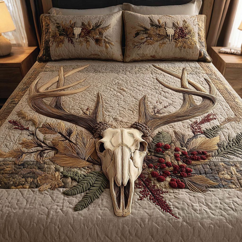 Mountain Lodge quilted 3-piece bedding set on a made bed with two matching pillow shams