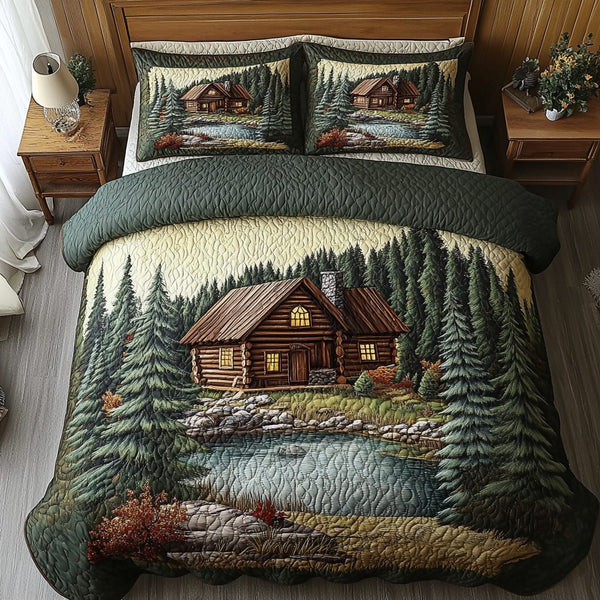 Mountain Log Cabin quilted 3-piece bedding set on a made bed with two matching pillow shams