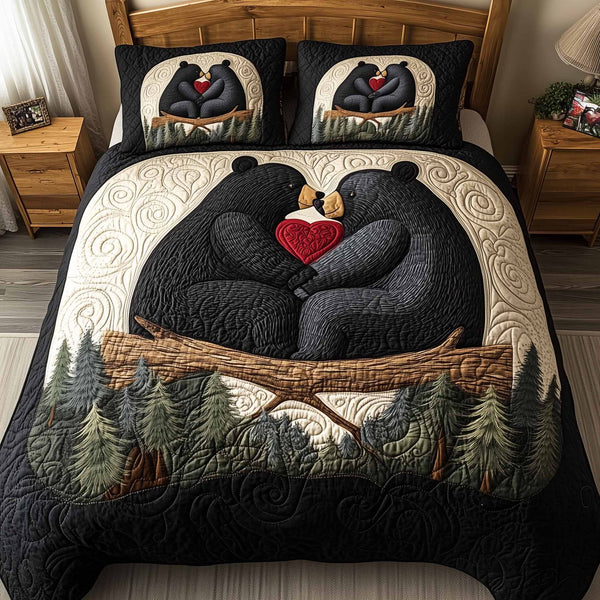 Mountain Love quilted 3-piece bedding set on a made bed with two matching pillow shams