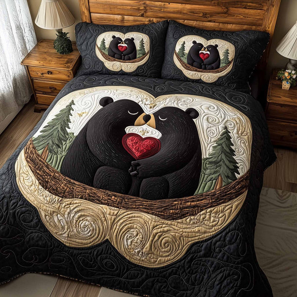 Mountain Love quilted 3-piece bedding set on a made bed with two matching pillow shams