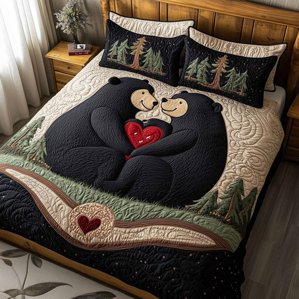 Mountain Love quilted 3-piece bedding set on a made bed with two matching pillow shams