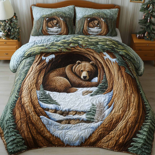 Mountain Love quilted 3-piece bedding set on a made bed with two matching pillow shams