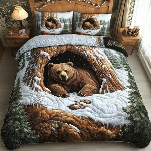 Mountain Love quilted 3-piece bedding set on a made bed with two matching pillow shams
