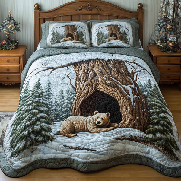 Mountain Love quilted 3-piece bedding set on a made bed with two matching pillow shams