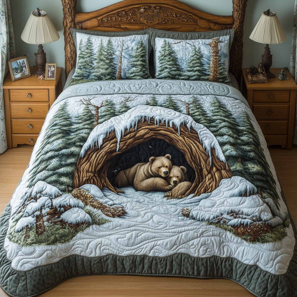 Mountain Love quilted 3-piece bedding set on a made bed with two matching pillow shams