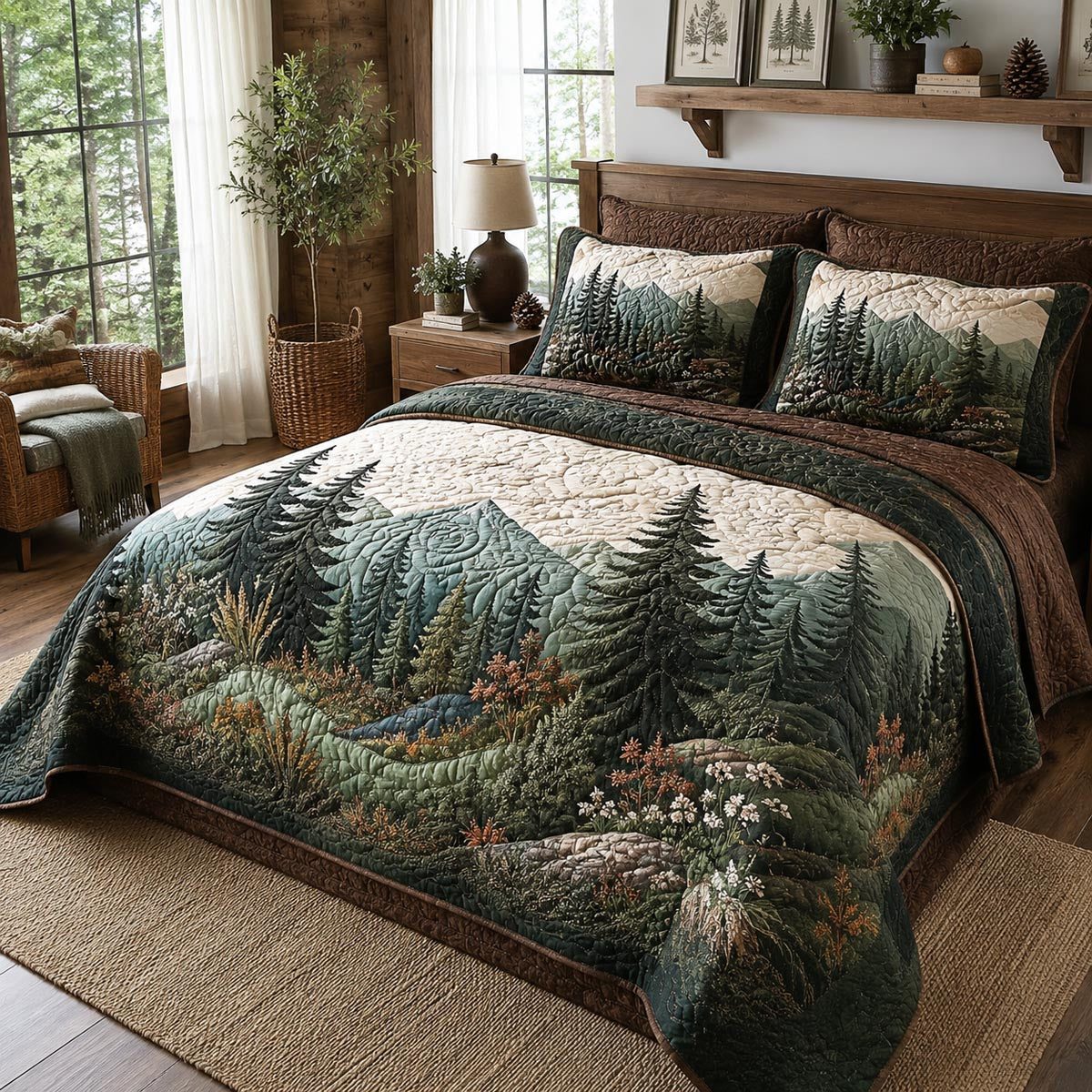 Mountain Meadow quilted 3-piece bedding set on a made bed with two matching pillow shams