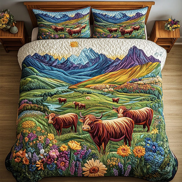 Mountain Meadows quilted 3-piece bedding set on a made bed with two matching pillow shams