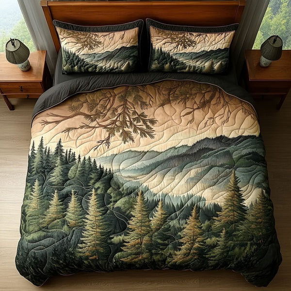 Mountain Mist quilted 3-piece bedding set on a made bed with two matching pillow shams
