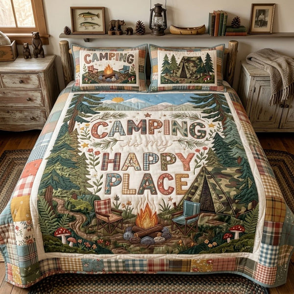 Mountain Morning Sanctuary quilted 3-piece bedding set on a made bed with two matching pillow shams