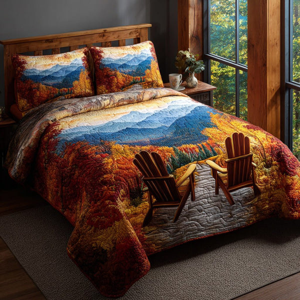Mountain Overlook quilted 3-piece bedding set on a made bed with two matching pillow shams