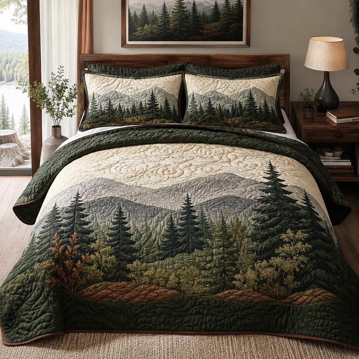 Mountain Pine Horizon quilted 3-piece bedding set on a made bed with two matching pillow shams