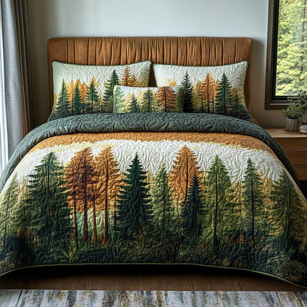 Mountain Pines quilted 3-piece bedding set on a made bed with two matching pillow shams