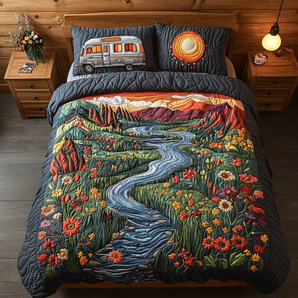 Mountain Range Adventure quilted 3-piece bedding set on a made bed in a winter-styled bedroom