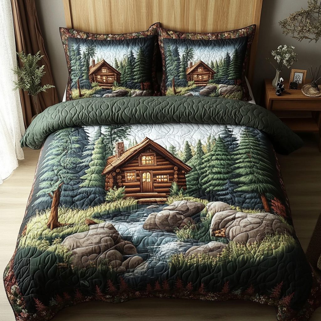 Mountain Rest quilted 3-piece bedding set on a made bed with two matching pillow shams