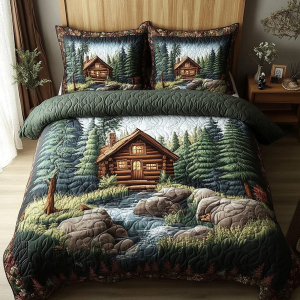 Mountain Rest quilted 3-piece bedding set on a made bed with two matching pillow shams