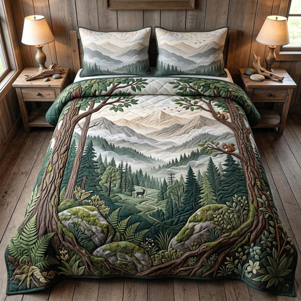 Mountain Retreat quilted 3-piece bedding set on a made bed with two matching pillow shams