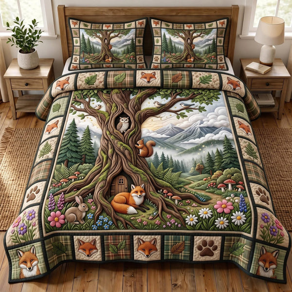 Mountain Retreat quilted 3-piece bedding set on a made bed with two matching pillow shams