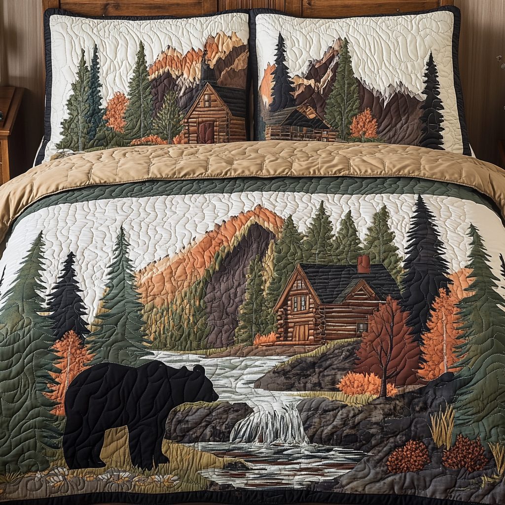 Mountain Retreat quilted 3-piece bedding set on a made bed with two matching pillow shams