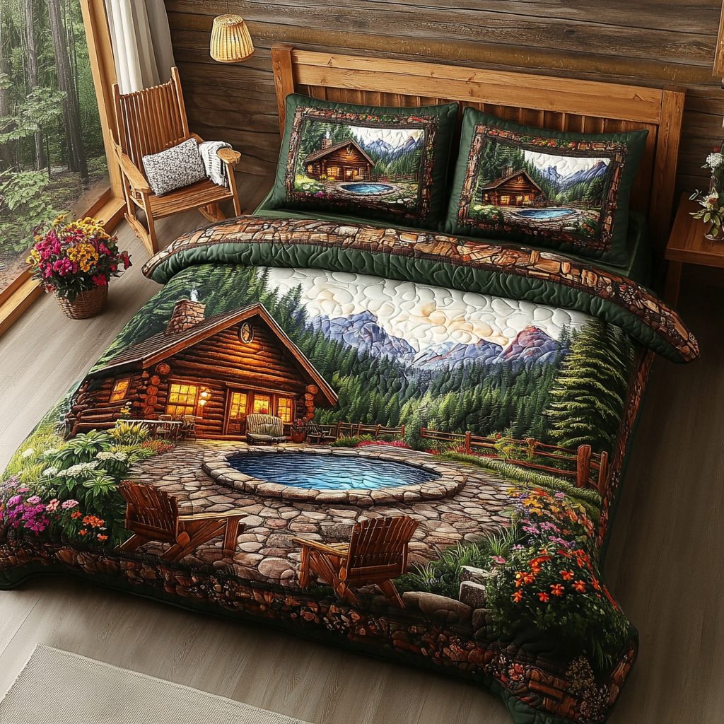 Mountain Retreat quilted 3-piece bedding set on a made bed with two matching pillow shams