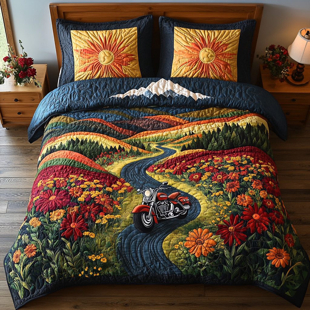 Mountain Road Run quilted 3-piece bedding set on a made bed with two matching pillow shams