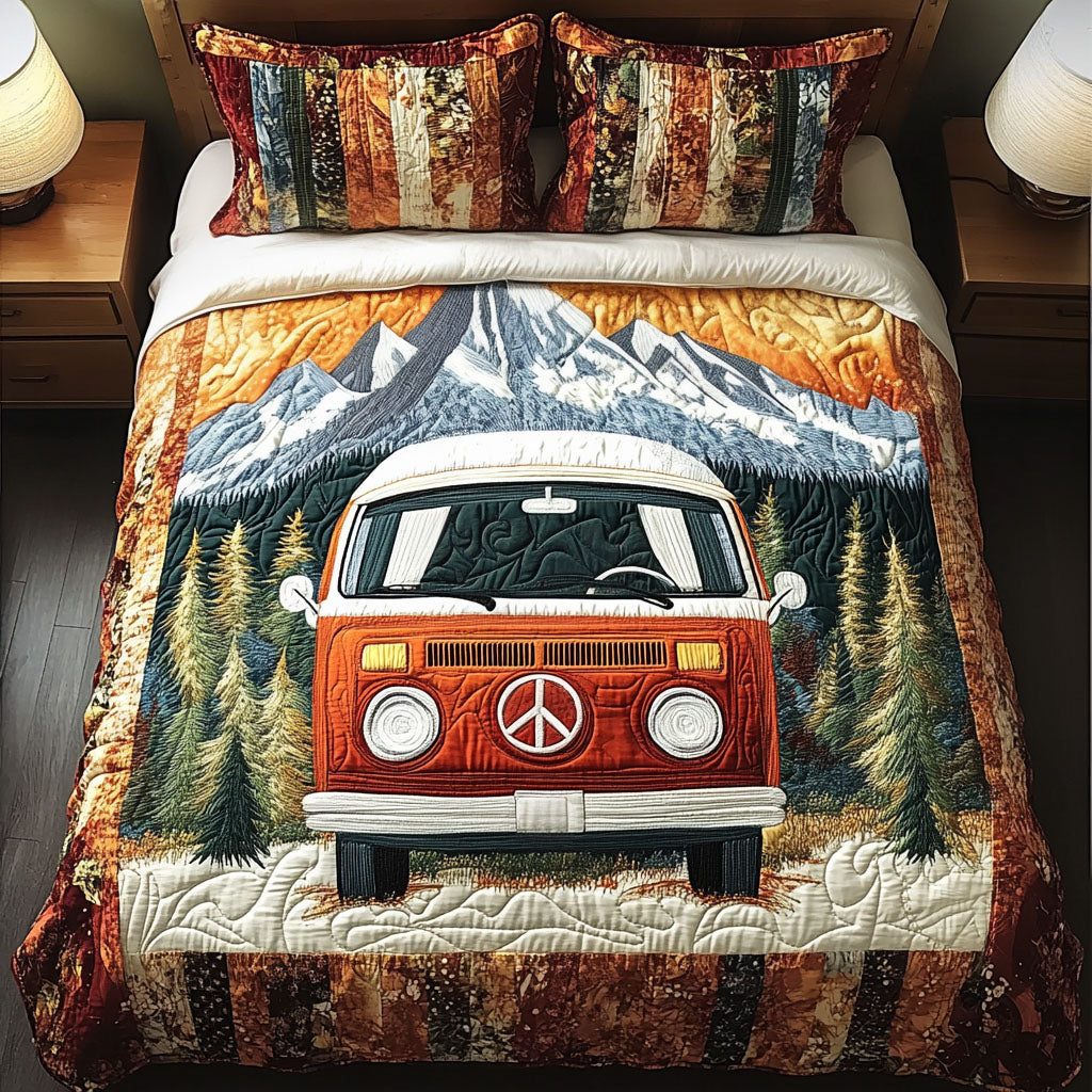 Mountain Road Trip quilted 3-piece bedding set on a made bed with two matching pillow shams