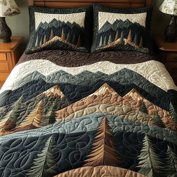 Mountain's Embrace quilted 3-piece bedding set on a made bed with two matching pillow shams