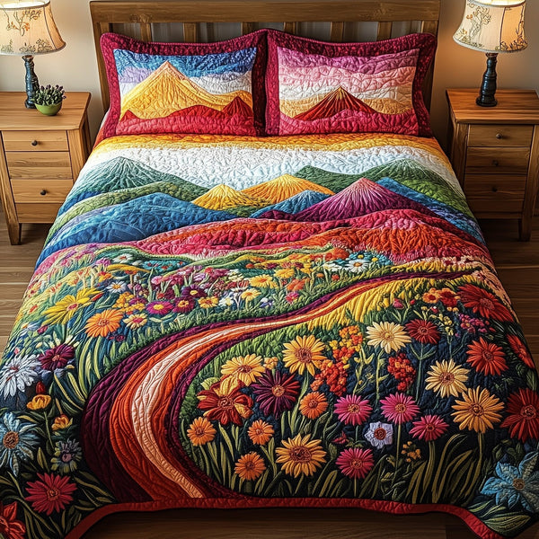 Mountain's Embrace quilted 3-piece bedding set on a made bed with two matching pillow shams