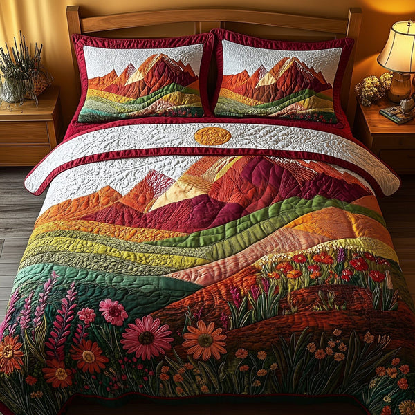 Mountain's Embrace quilted 3-piece bedding set on a made bed with two matching pillow shams