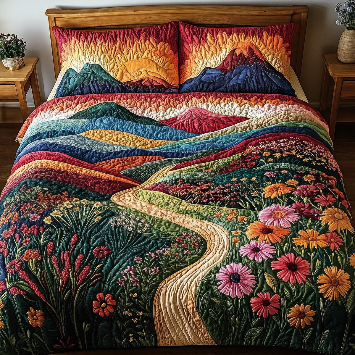 Mountain's Embrace quilted 3-piece bedding set on a made bed with two matching pillow shams