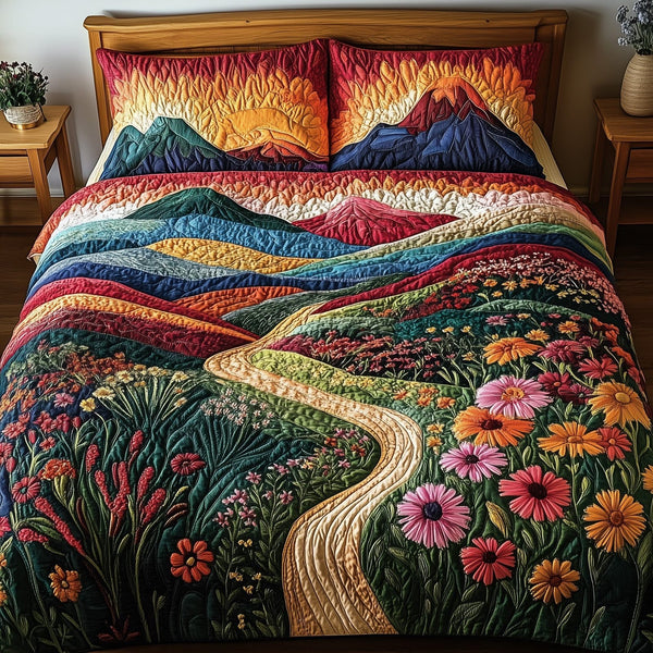 Mountain's Embrace quilted 3-piece bedding set on a made bed with two matching pillow shams
