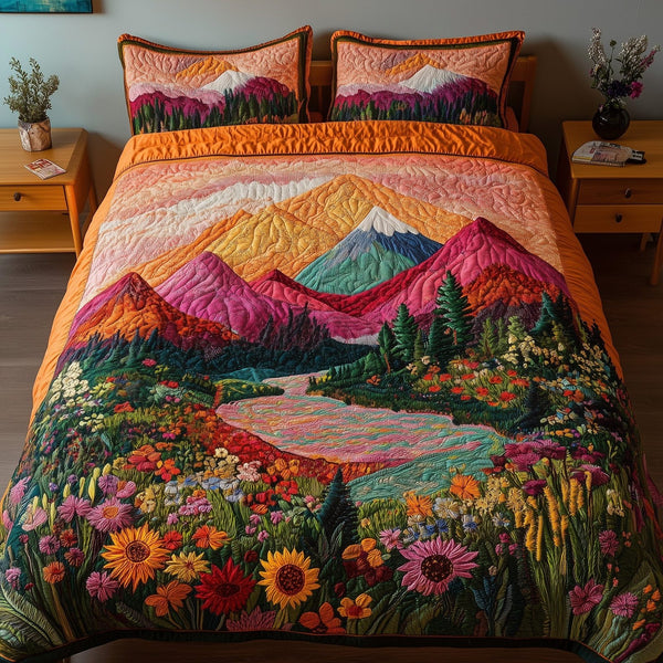 Mountain's Embrace quilted 3-piece bedding set on a made bed with two matching pillow shams