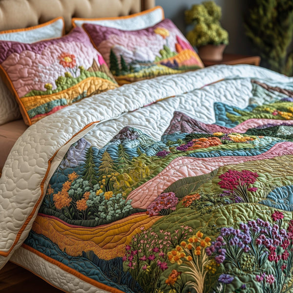Mountain's Embrace quilted 3-piece bedding set on a made bed with two matching pillow shams