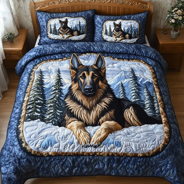 Mountain Sentinel quilted 3-piece bedding set on a made bed with two matching pillow shams