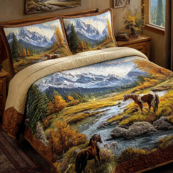 Mountain Serenity quilted 3-piece bedding set on a made bed with two matching pillow shams