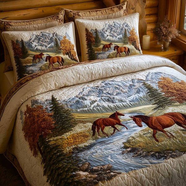 Mountain Serenity quilted 3-piece bedding set on a made bed with two matching pillow shams