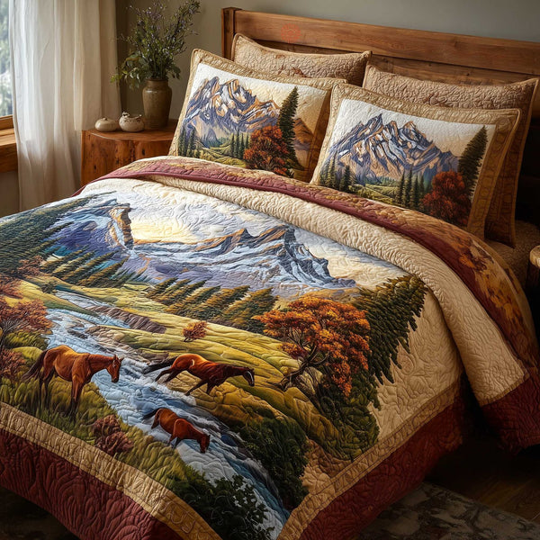 Mountain Serenity quilted 3-piece bedding set on a made bed with two matching pillow shams