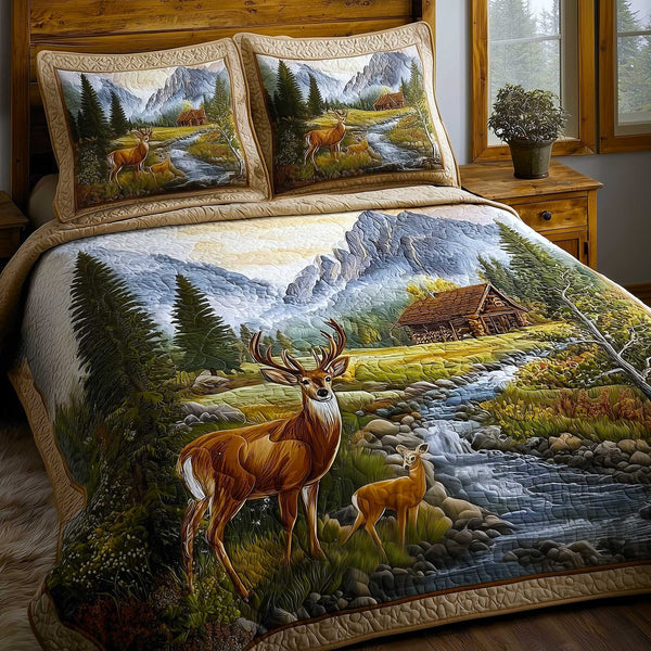 Mountain Serenity quilted 3-piece bedding set on a made bed with two matching pillow shams
