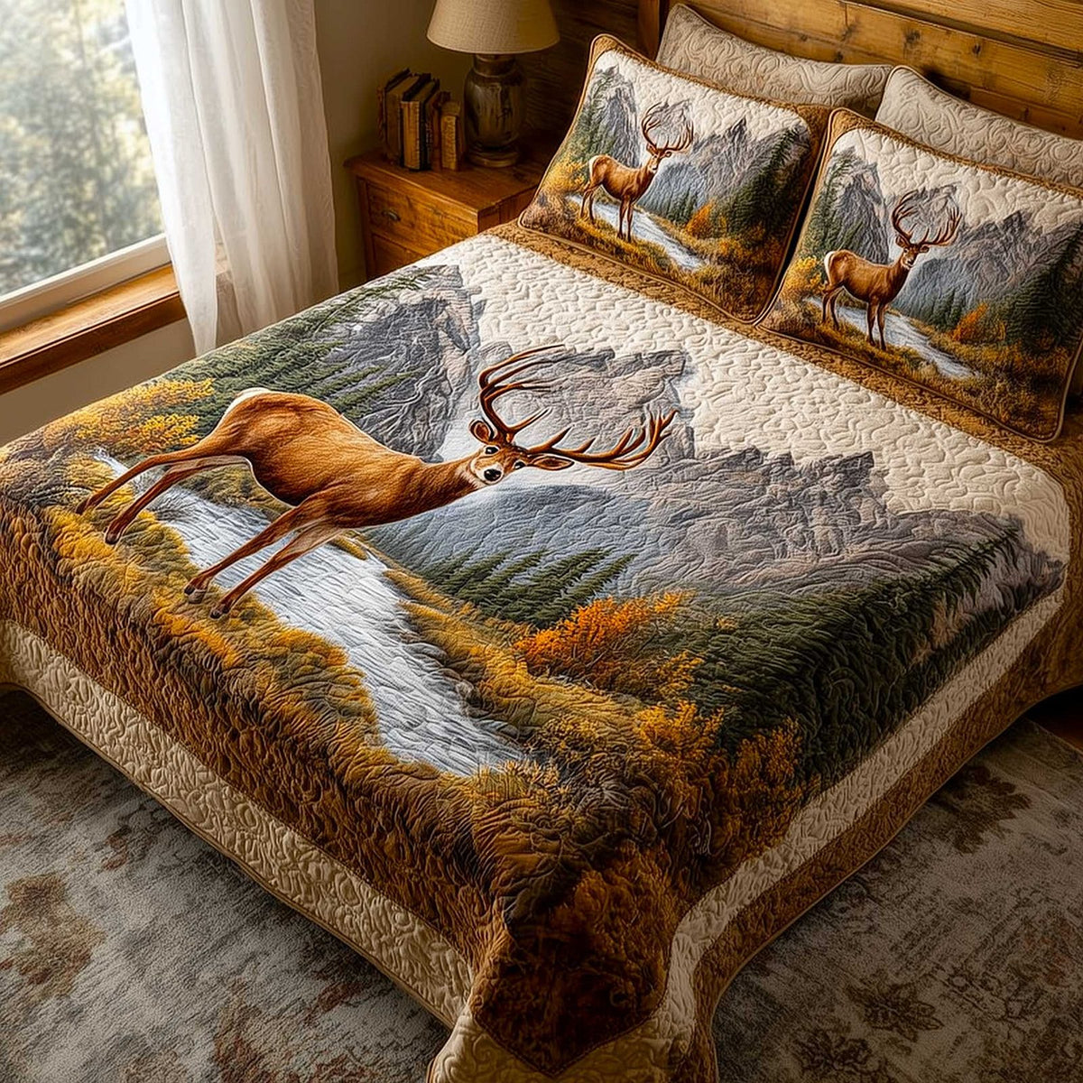 Mountain Serenity quilted 3-piece bedding set on a made bed with two matching pillow shams