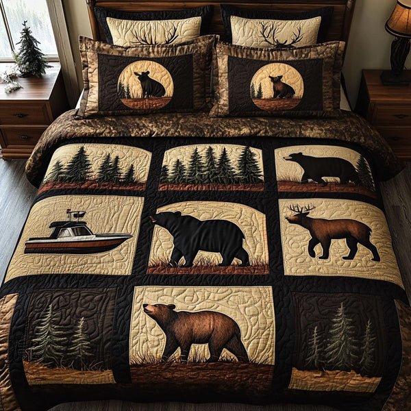 Mountain Serenity quilted 3-piece bedding set on a made bed with two matching pillow shams