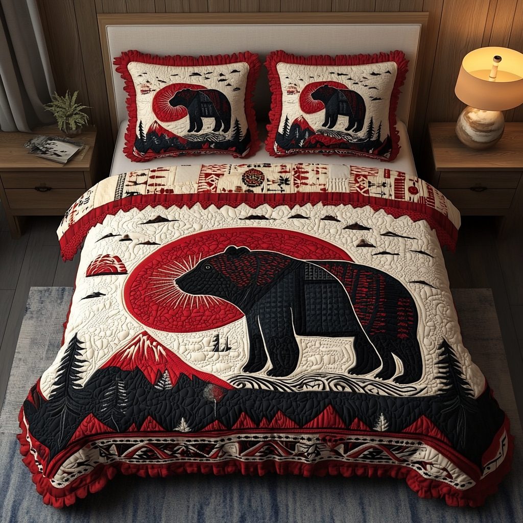 Mountain Spirit quilted 3-piece bedding set on a made bed with two matching pillow shams